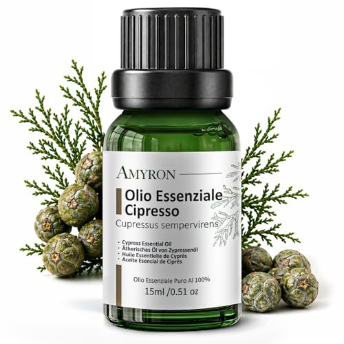 Olio Essenziale di Cipresso 15ml AMYRON | Cupressus Sempervirens | 100% Puro e Naturale | Aroma Fresco e Legnoso Per Diffusore E Aromaterapia E Ambiente | Massaggi | Flacone Vetro Scuro
