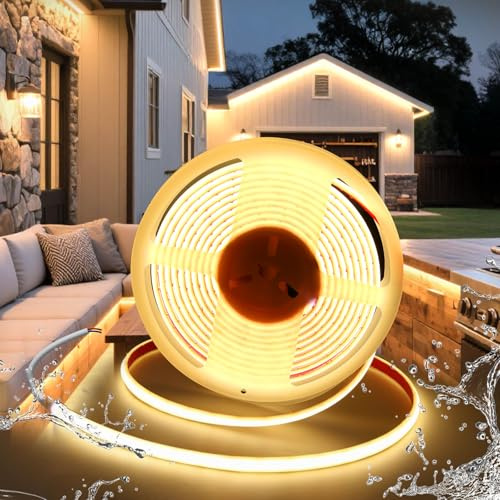 BRIMETI Striscia LED COB 24V 5M Autoadesivo Tubo LED Impermeabile IP68 Bianco Caldo 3000K Silicone 320LEDs/M Esterno Nastri LED, Larghezza 10mm, per Cucina Soggiorno Feste Bar (Senza Alimentatore)