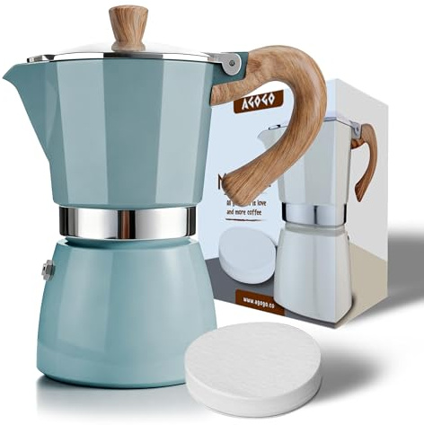 AGOGO Milano Moka Pot Stovetop Espresso Maker with 100 Paper Filters for Sediment-Free Coffee, Classic Italian Greca with Wood-Grain Handle,Cleaning Brush & Towel 6 Cup (10oz / 300ml) Lake Blue