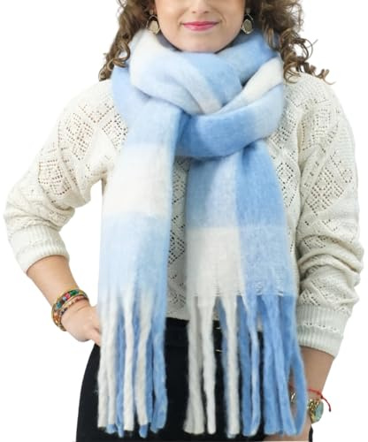 Xifrika Damenschal Winter XXL 248x39cm – Kariert in Blau und Weiß – Weich, Warm, Extra Groß – 100 % Polyester mit Fransen – Ideal für den Alltag