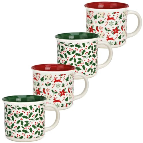 matches21 HOME & HOBBY Weihnachtstassen 4er Set Porzellan Weihnachtsdekor rot, grün - Süße 400 ml Kaffeetassen als Glühweintassen spülmaschinenfeste Weihnachten Henkel-Becher