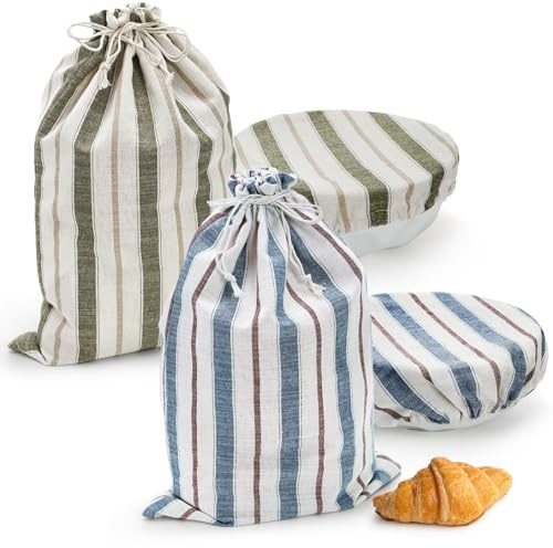 Elsjoy Set of 2 Linen Bread Bags with Bowl Covers, 45 x 30cm Reusable Linen Bread Storage Bag for Homemade Bread, Large Sourdough Bag with Plastic Lining for Loaf, Artisan Bread