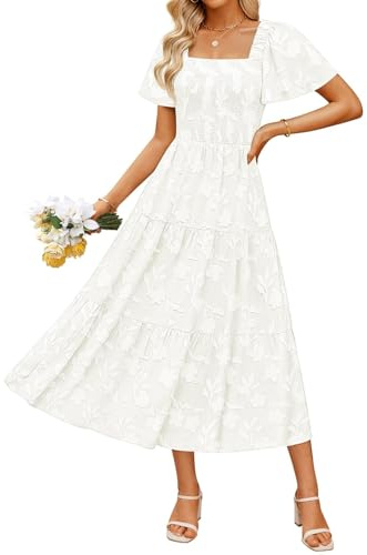 ZESICA Women‘s Summer Boho Floral Midi Dress 2026 Casual Short Sleeve Square Neck Flowy Beach Vacation Long Dress,White,Small