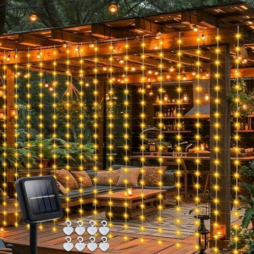 DBFAIRY Solar Curtain Lights 2.4M x 1.8M 144 LED Curtain Lights Outdoor Waterproof with Timer 8 Modes for Garden Patio Fence Gazebo Decor (Warm White)