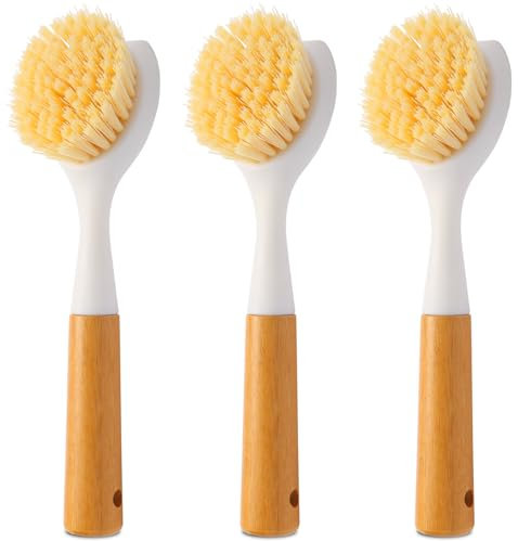 Cooptop Lot de 3 brosses à vaisselle avec poignée en bambou, grattoir intégré, brosse à récurer de cuisine pour nettoyer les ustensiles de cuisine en fonte, poêles, casseroles, comptoir et évier de