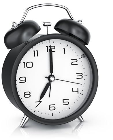 CSL - Alarm Clock, Small Silent Non-Ticking Travel Alarm Clock, Loud Twin Bell Ring for Heavy Sleepers, Black with White Dial, LED Light, Bedside, Bedroom, Office