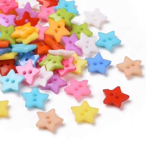 50 hochwertige Kunststoffknöpfe 12mm (1,2cm) bunt sternförmig im zufälligen farblichen Mix Zweilochknöpfe a 1mm je Loch - 2-Loch-Knöpfe Stern zum basteln nähen annähen Bastelknöpfe