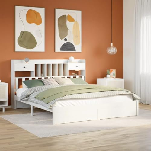 Iiaky Massivholzbett mit Regal ohne Matratze Bett Mit Stauraum Massivholzbett Holzbett Bettgestell Weiß 180x200 cm Kiefer