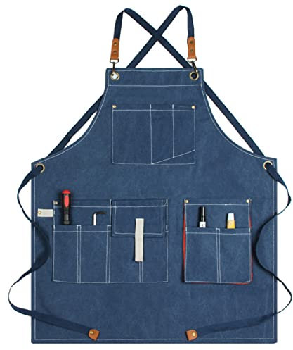 GSHUPIOU Holzschürze, Werkzeugschürze, Schürzen for Männer, Arbeitsschürze aus Segeltuch, Werkstatt-Werkzeugschürze mit verstellbaren Trägern for Friseur, Küche, Gärtner, Café(Blu)