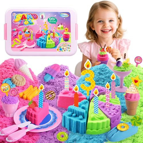 Billeeit Cake & Ice Cream Sensory Bin Sand Toy, Play Sand Kit Sensory Toys w/lid and 4 Color Magic Sand 2.2lbs, Molds, Tools Set 43pcs Total for Toddlers, Sensory Play Sand Bin Fun Gift for Kids 3+