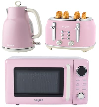 Salter Retro Pink Kettle, Toaster & Microwave Set – 1.7L Rapid Boil Kettle, 4-Slice Toaster, 6 Browning Levels, Safety Features, 20L Digital Microwave with 8 Auto Cook Presets, 25.5 cm Glass Turntable