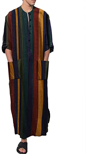 VYLYNL Herren Kaftan Kurzarm marokkanische Thobe gestreifte muslimische Kleidung mit Tasche Leinen Kurta Langarm Jubba Thobe Knöpfe Knopfleiste Muslimische Roben Islamische Roben, grün, XL