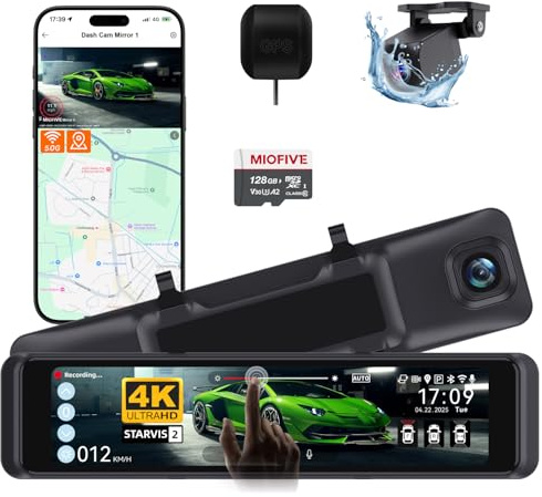 Miofive Mirror 1 4K Rearview Mirror Dash Cam with UK Speed Camera Alerts | 128GB card, 11.26 screen, Sony STARVIS 2, 4K front & 2K rear recording, 5GHz Wi-Fi, GPS tracking, parking assist, HDR