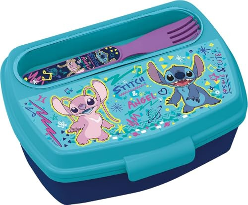Boîte à lunch Disney Stitch pour enfants avec couverts inclus — Boîte à lunch scolaire en plastique sans BPA — Fermeture sécurisée, légère et colorée, parfaite pour la maternelle, les