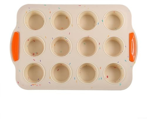 Vassoio per muffin in silicone antiaderente con 12 fori e manico, progettato per cuocere muffin, cupcake, bocconcini di uova, biscotti e crostate, comoda pulizia (beige)