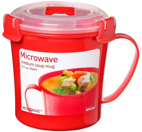 TSA LIMITED Microwave Soup Mug 656ml - Plastic Soup Containers with Handles and Lockable Lid with Steam Release Vent - Stackable, BPA Free, Dishwasher Safe, for Home, Office, School - Assorted Colour