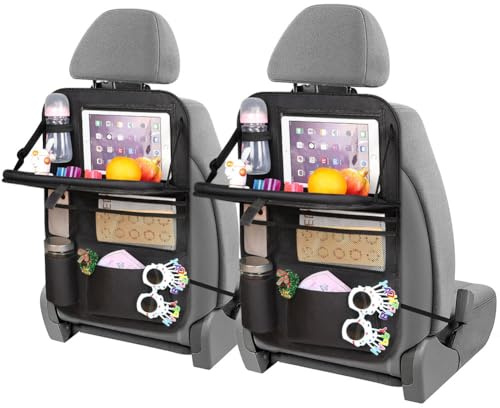 URAQT Car Seat Organizer 2PCS, Car Organiser for Kids, 8 Storage Pockets with Foldable Table Tray and Tablet Holder, Multifunctional WaterProof Back Seat Protector, for SUV, Truck, Travel Accessories