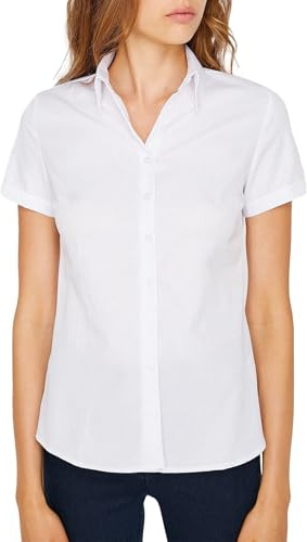 JiaYouLC Womens Short Sleeve Dress Shirts Blouses Stretch Button Down Shirts Ladies Office Business Work Blouse Summer Casual Tops for Women (UK, Alpha, S, Regular, Regular, White)