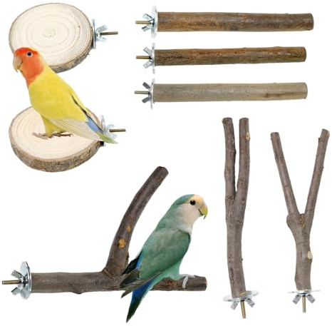 8 Stück Sitzstangen für Vögel aus Naturholz – Sitzstangen für Wellensittiche, Vogelkäfig Zubehör Set mit Ästen & Plattformen, Natur Vogelzubehör für Nymphensittich, Papagei & Kleine Vögel