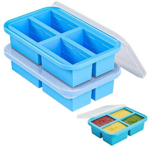 PREPWELLUK Silicone Soup Freezer Containers - 2 Pack Large Freezer Cubes with 4 Compartments & Lid, Reusable Microwaveable Ice Moulds for Meal Prep, Batch Cooking, Broth, Sauce, Freezing & Storage