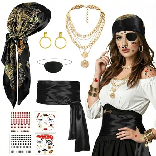 Johiux Piratenkostüm Damen Zubehör Mit Tattoos,Schwarz Tuch Piraten Schmuck Damen Set – Verstellbare Accessoires Für Halloween, Karneval & Mittelalter-Partys.