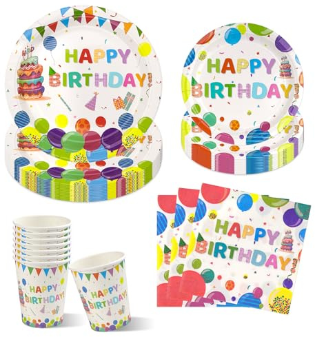 LAWALEISHE 96Pcs Colorful Rainbow Birthday Paper Plates 7 and 9, Disposable Paper Plates Cups and Napkins, Party Tableware Set Serves 24 Guests for Colorful Birthday Decorations