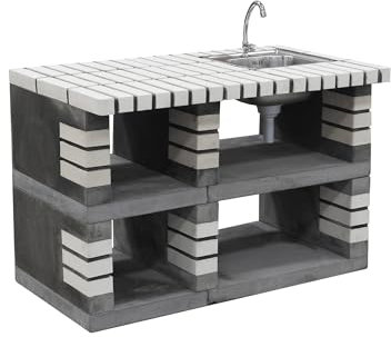 MOVELAR - Módulo de caballete lateral Pan America con lavabo y grifo para Barbacoa de Obra Prefabricada (Blanco, Gris - 120 x 70 x 70 cm) - Uso en Exteriores