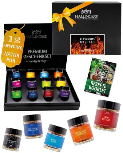 Hallingers Genuss Manufaktur Gewürz Geschenk-Set - 12 Gewürze aus aller Welt in wertiger Geschenkbox mit Rezept-Booklet Klassisches BBQ..., Geschenkidee für Frauen Männer