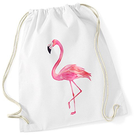 Autiga Turnbeutel Flamingo Gymsac aus reiner Baumwolle Sportbeutel Drawstring Weiss unisize