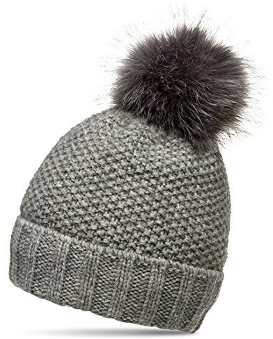 Caspar MU173 Damen Winter Mütze Strickmütze Bommelmütze mit Kunstfell Bommel, Farbe:grau, Größe:One Size