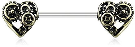 Tapsi´s Coolbodyart® Damen Nippel Barbell Brustwarzenpiercing Edelstahl Chirurgenstahl Herz,Steampunk in altsilber