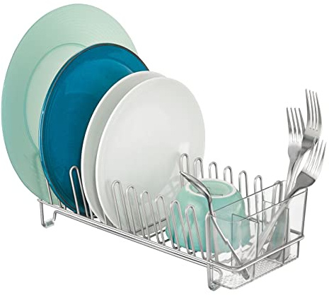 mDesign Kitchen Sink Dish Drainer – Small Metal and Plastic Dish Rack for Kitchen Sink – Ideal for Plates and Cutlery Basket – Chrome/Clear