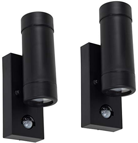 MiniSun | Modern Black Up/Down Wall Lights with PIR Motion Sensor | Outdoor Wall Lights, Home Décor & Improvement Essential | Set of 2 | Mains Wired