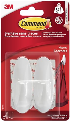 Command Crochets Design Moyen, Modèle Blanc - Lot de 2 Crochets et 4 Languettes Moyennes - Pour Accrocher et Décorer Sans Abîmer