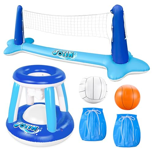 JOYIN Uppblåsbara poolflyter, volleybollnät och basketkorg, fladdrande simspel för barn/vuxna, sommarleksaker för vattensporter, mörkblå