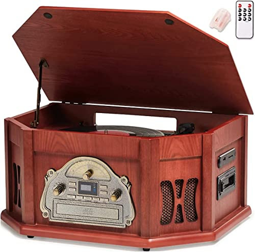 ORCC Tocadiscos 10 en 1, Tocadiscos nostálgico para Discos de Vinilo con Bluetooth, 2 Altavoces Integrados, CD, Casete, Radio Am/FM, USB, Ranura SD, Control Remoto