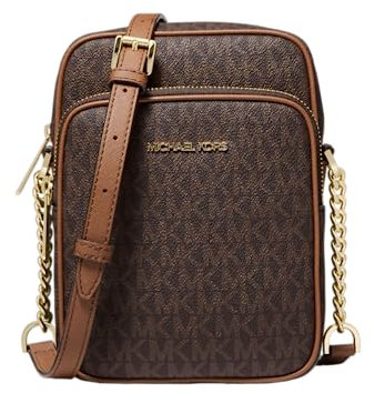 Michael Kors - Borsa a tracolla da viaggio Jet Set, flight bag di medie dimensioni in PVC, con logo e tracolla con catena, Marrone, Medium