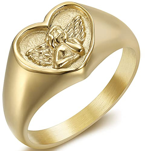Stainless Steel Heart Shaped Signet Style Angel Pattern Statement Promise Wedding Ring (Gold, 10)