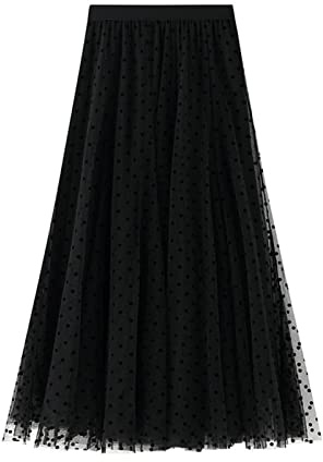 SotRong Gepunktet Tüllrock Blau Damen Midi Überlagerter Mehrlagiger Elastischer Hoch Taillierter A Linien Tutu Rock Mesh-Chiffon-Faltenrock mit Blumendekoration