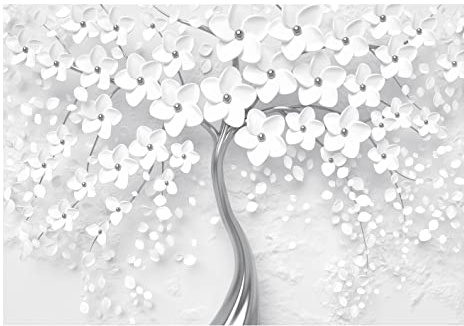 Carta Da Parati Fotografica Albero Fiori 3D Effetto Magnolie Argento - Include Colla - Moderna Design Carta per Pareti Soggiorno Camera Da Letto Sala Fotomurali In Tessuto Non Tessuto TNT (416x254 cm)