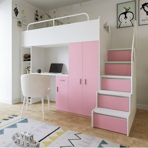 Marlux-Meble Hochbett Kinderbett JSM-4 80x190 mit Kleiderschrank Schreibtisch und Treppe Matt Kinderbetten Funktionsbett Etagenbett Stockbett Kinderhochbett Jugendhochbett (Rosa Matt)