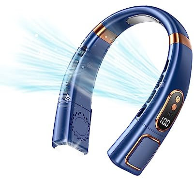 VRBUTY Neck Fan, Portable Fan USB Rechargeable, Bladeless with 5 Speeds, LED Display, Ice Tiles, Light, Cooling Personal Wearable Hanging for Women Men Home Office Travel (Blue)