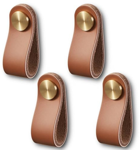 HOOZ 4 Stück PU Ledergriffe für Möbel, Schrankknöpfe mit Schrauben, Handgemachte Griff Möbelknöpfe, für Küchenschränke und Kleiderschrank (14cm x 2,5cm) (Braun)