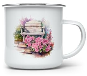 MAXIKIWI Langlebige Emaille-Kaffee- oder Tee-Camping-Tasse für drinnen und draußen, Gartenstein, Blumenbank, Aquarell, 350 ml