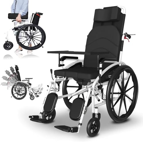 Bueuwe rollstuhl faltbar leicht, Liegender Transportrollstuhl Mit Abnehmbarer Kopfstütze Und Anhebbarer Beinstütze, rollator schmal für wohnung, Pflegerollstuhl mit Liegefunktion