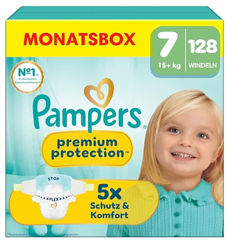 Pampers Premium Protection, Taille 7, 128 Couches, 15kg+, Double Protection pour la peau et contre les fuites Avec Poche Stop & Protect pour aider à capturer les Fuites, Pack 1 Mois