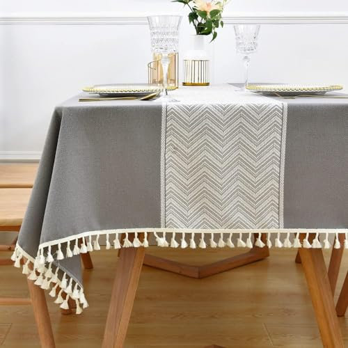Yofori Cotton Linen Tablecloth Washable Table Cloth Rectangular Dining Table Cover for Kitchen Indoor Outdoor (Grey, 135 x 220 cm)