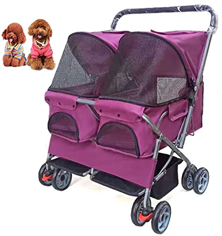 Generisch Doppelter Haustier-Stroller für mittelgroße und kleine Hunde/Katzen, zusammenklappbar, 2-Sitzer, violett, unterstützt bis zu 40 kg