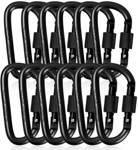 Karabinerhaken Schwarz,Karabiner mit Schraubverschluss,12 Stück D-Clip Carabiner Set,Schraubkarabiner Aluminium für Alltag Camping Angeln Wandern und Reisen 80 x 42 mm