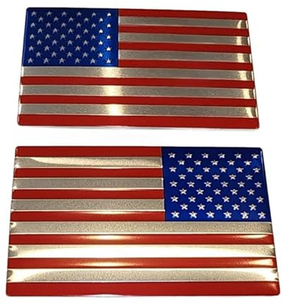 Muzzys (Set of Two) 3x5 Red Chrome Blue Aluminum Embossed Left & Right American Flag Decal Emblem Sticker Badge United States Stick On Fender Bed Car Truck Window Glass USA 250th